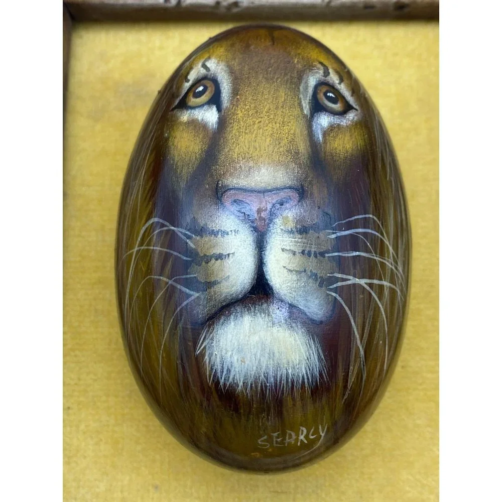 African hand painted lions face on stone egg framed signed Searcy rustic
